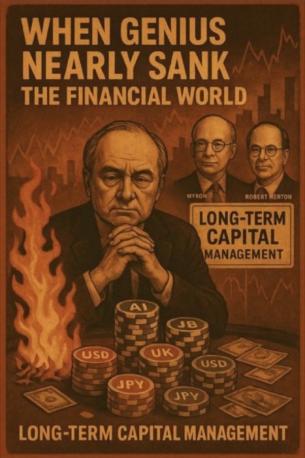 Cover art for the LTCM article: an illustrated fund manager with poker chips labelled with currencies.