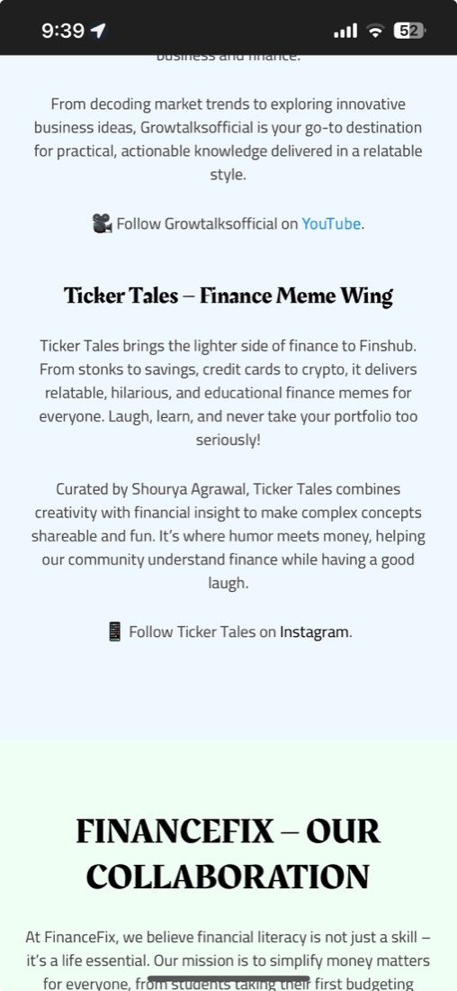 Screenshot of the original finshub.com on a phone, describing Ticker Tales as the finance meme wing and FinanceFix as a collaboration.