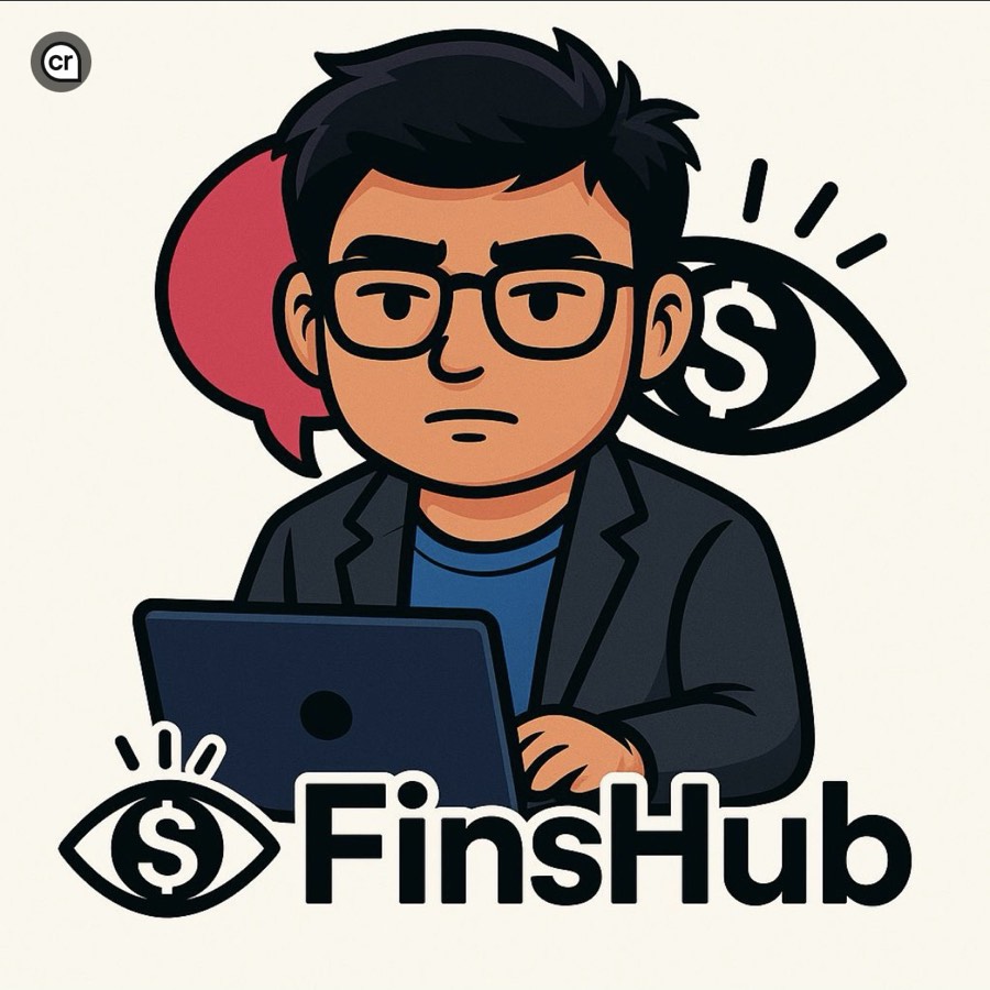 Illustration announcing Ticker Tales joining Finshub: a cartoon student at a laptop beside the Finshub logo.